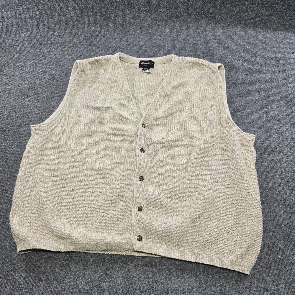 Eddie Bauer Sweater Vest Mens 2XLT Beige 100% Cotton Button Front Knit USA